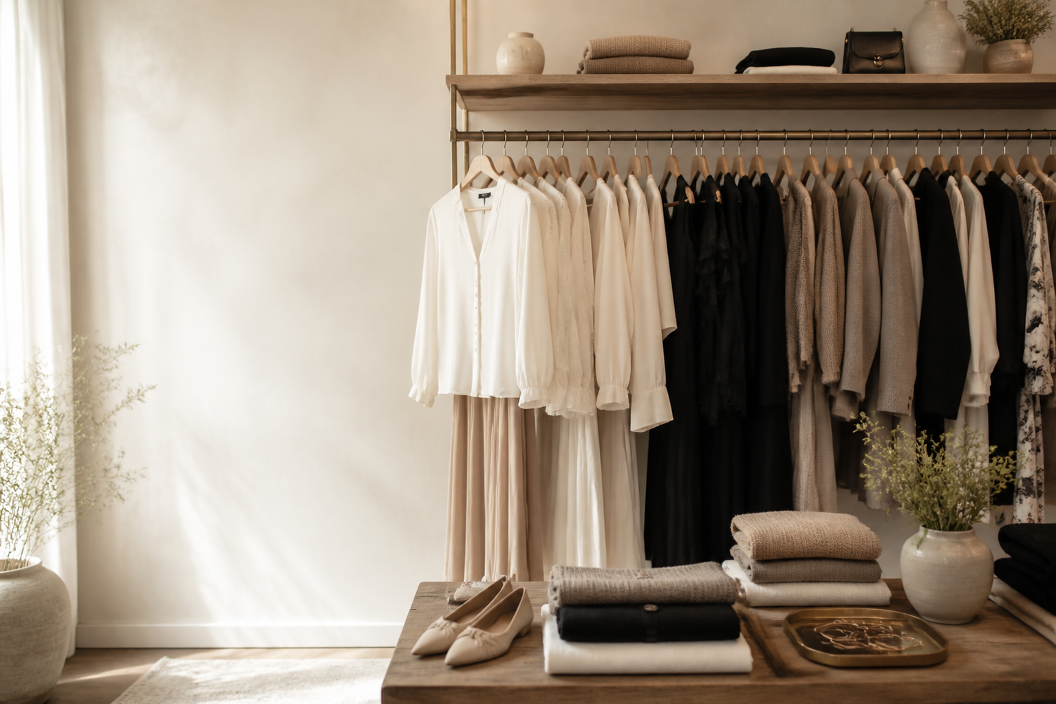 Curated clothing rack and boutique styling table